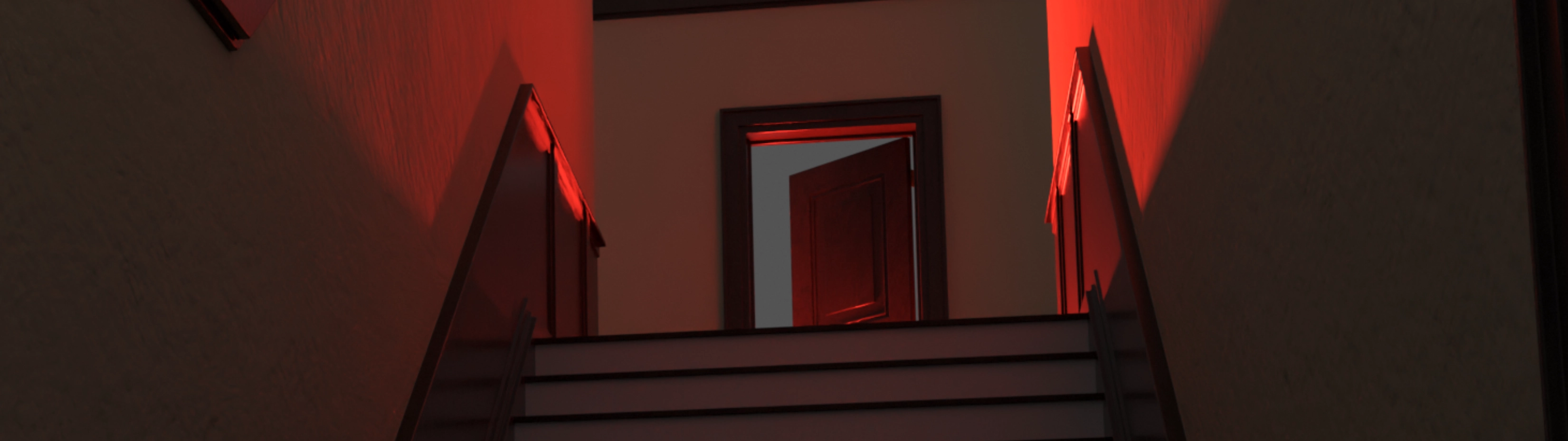 Red-lit hallway looking up the stairs toward an open door